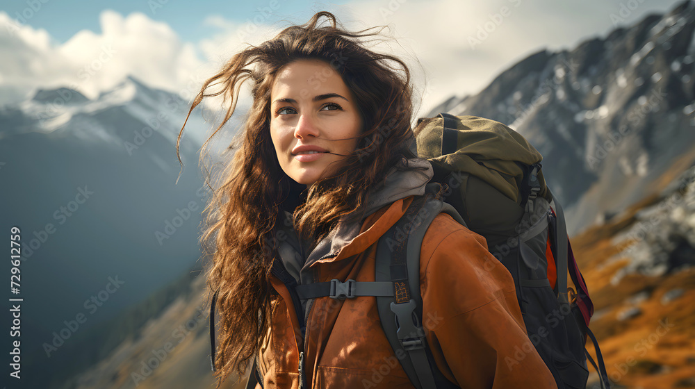 beautiful young woman tourist with a backpack travels on a hiking trip in the mountains. tourism and outdoor travel.