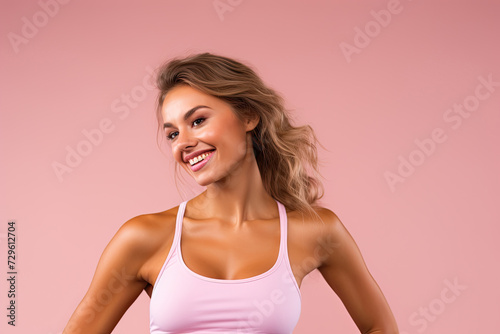 Smiling woman in a pink sports bra.