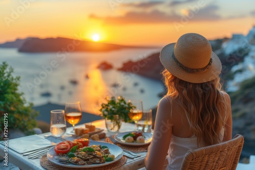 Wallpaper Mural Woman Sitting at Table With Plate of Food enjoying Greek island sunset Torontodigital.ca