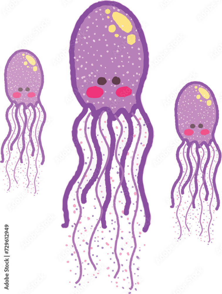 Vector. Tierna ilustración infantil de medusas moradas.