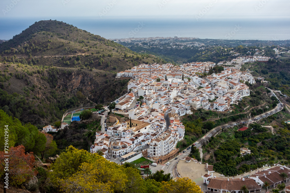 Spain, Andalucia, white city Frigiliana aerial view from big mountain