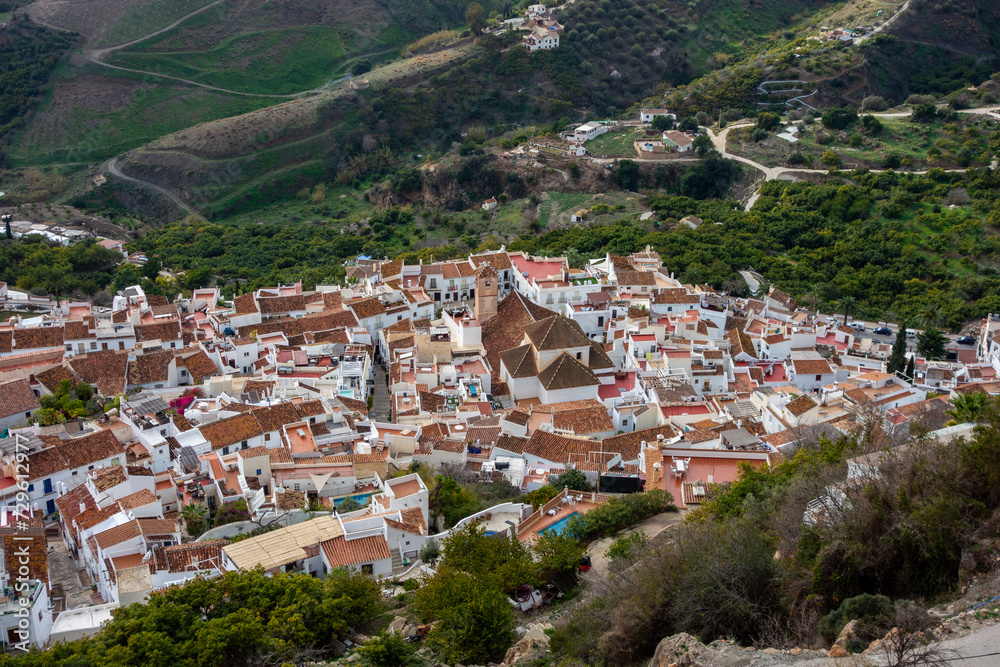 Spain, Andalucia, white city Frigiliana aerial view from big mountain