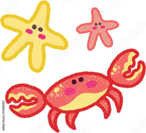 Vector. Tierna ilustración infantil de cangrejo y estrellas de mar.