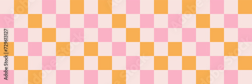 Checkerboard retro groovy background. Geometric pastel square texture in vintage Y2K style. Hippie 70s pattern. Plaid pattern background. Pink and yellow colors.