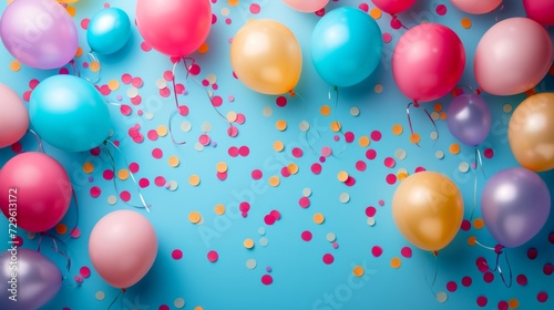 Balloons, confetti, and cheerful typography in celebration of the holiday.