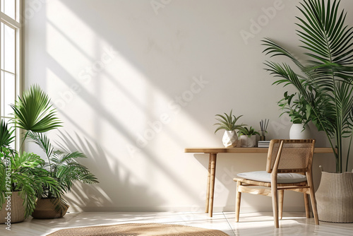 Beige Color Minimalist Scandinavian Interior Home Office Room Plants in Vase, Home Workstation Chair and Desk Couch Sofa Sunlight from window 