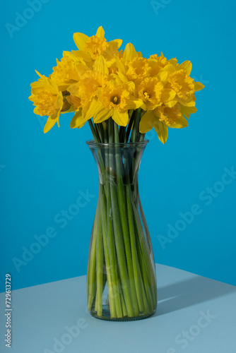 Fototapeta Naklejka Na Ścianę i Meble -  Spring Daffodils in a Vase on Blue