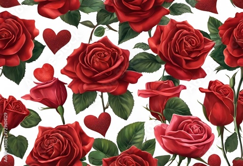 AI generated illustration of red roses and hearts adorned with leaves and petals © Wirestock