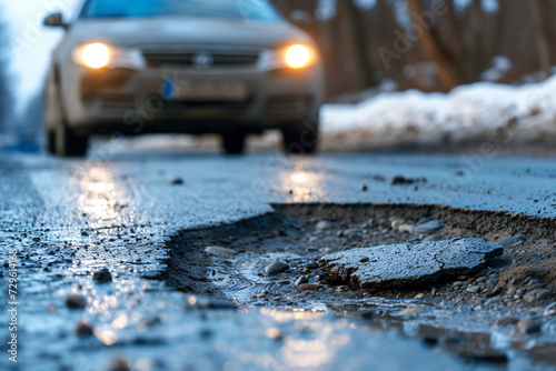 A car driving toward a pothole in the street close-up  road hazard
