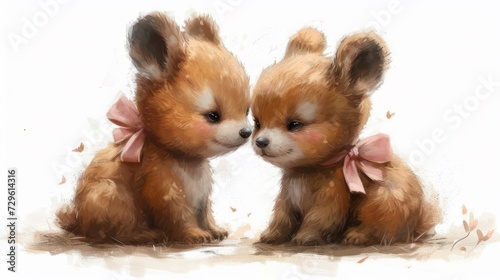A painting of two small brown dogs with pink bows