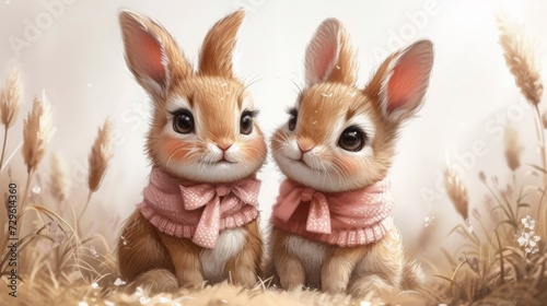 A couple of rabbits sitting next to each other