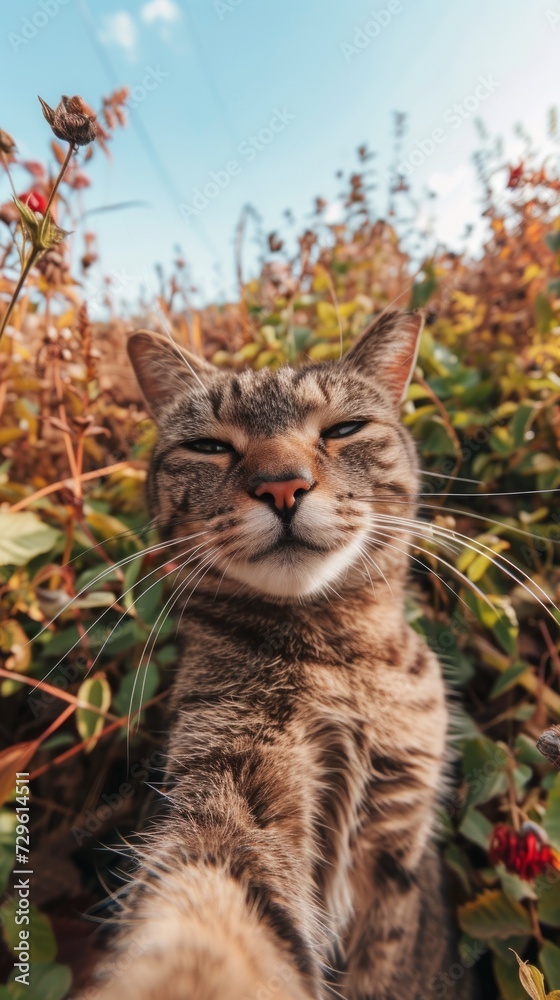 Fototapeta premium A close up of a cat in a field of flowers