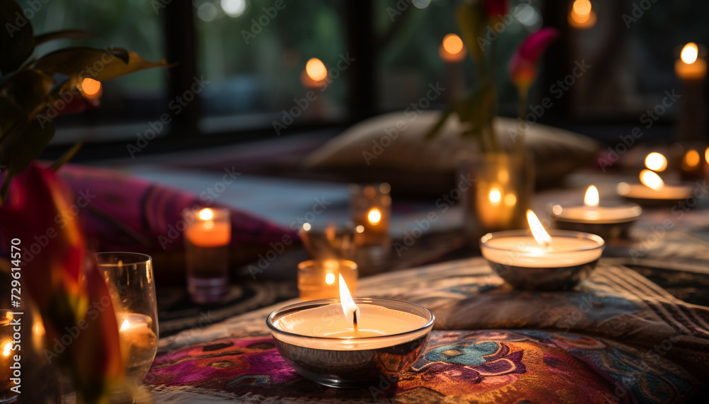 Romantic candlelight illuminates the table, creating a cozy winter ambiance generated by AI Romantic candlelight illuminates the table, creating a cozy winter ambiance generated by AI