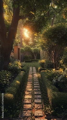 A pathway in a garden surrounded by trees and bushes