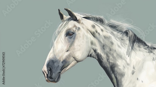 A painting of a white horse with black spots