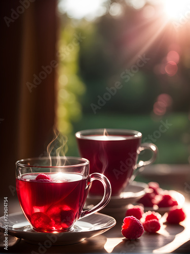 tea with raspberries in a transparent cup on a summer sunny background