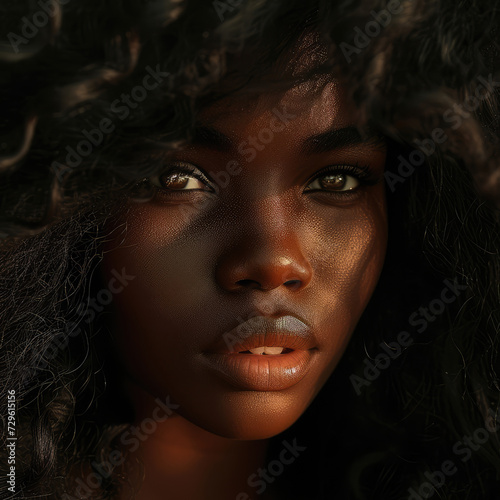 Portrait of a beautiful woung woman with brown skin Close-up portrait of a beautiful woung woman with brown skin and long curly black hair.  © CFK