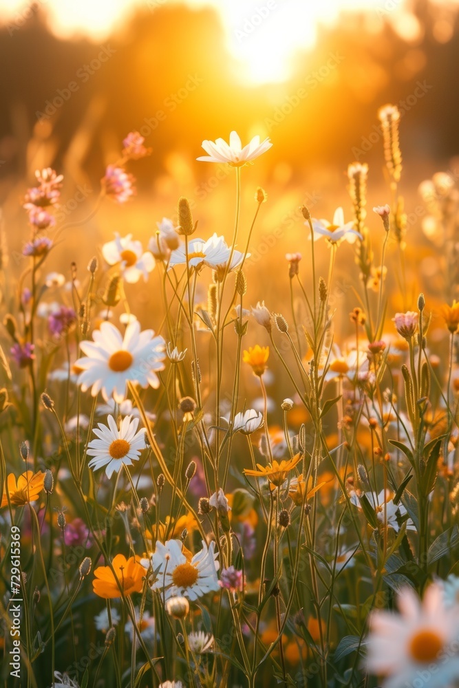 Soft golden tones and delicate wildflowers capture the warmth and beauty of a meadow at sunset