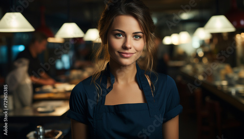 Young adult woman  smiling  looking at camera  working in coffee shop generated by AI