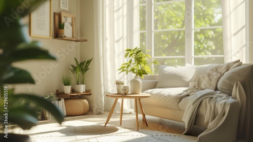 Springtime coziness fills the interior room, complete with blooming potted flowers.