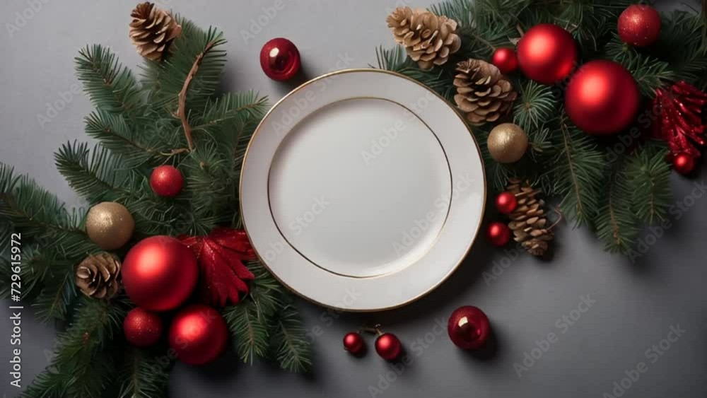 Beautiful plate on the table, Christmas tree branch, festive background Beautiful plate on the table, Christmas tree branch, festive background