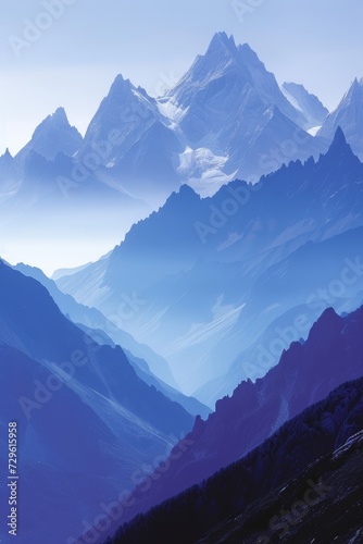 Majestic peaks in cool blues and purples convey the grandeur of towering mountain ranges