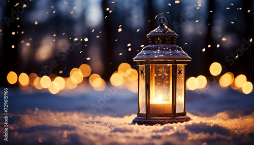 Glowing lantern illuminates winter night, celebrating snow and decoration generated by AI