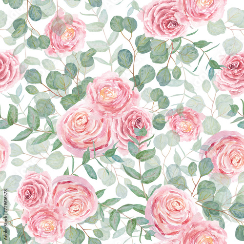 Eucalyptus and pink roses branch watercolor hand drawn floral seamless pattern. Botanical painting of greenery leaves, pink flowers. Element of wedding invitation, print, greeting, textile, packing