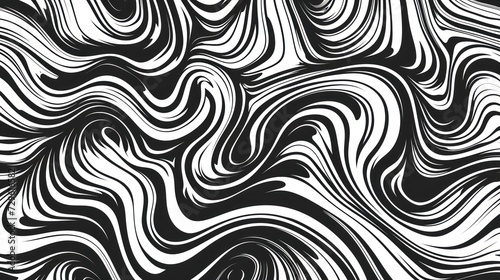 A black and white 2D contour showcases waves, swirls, and twisted patterns in a trendy retro psychedelic style, producing a twisted and distorted flat texture. This simple monochrome image represents 