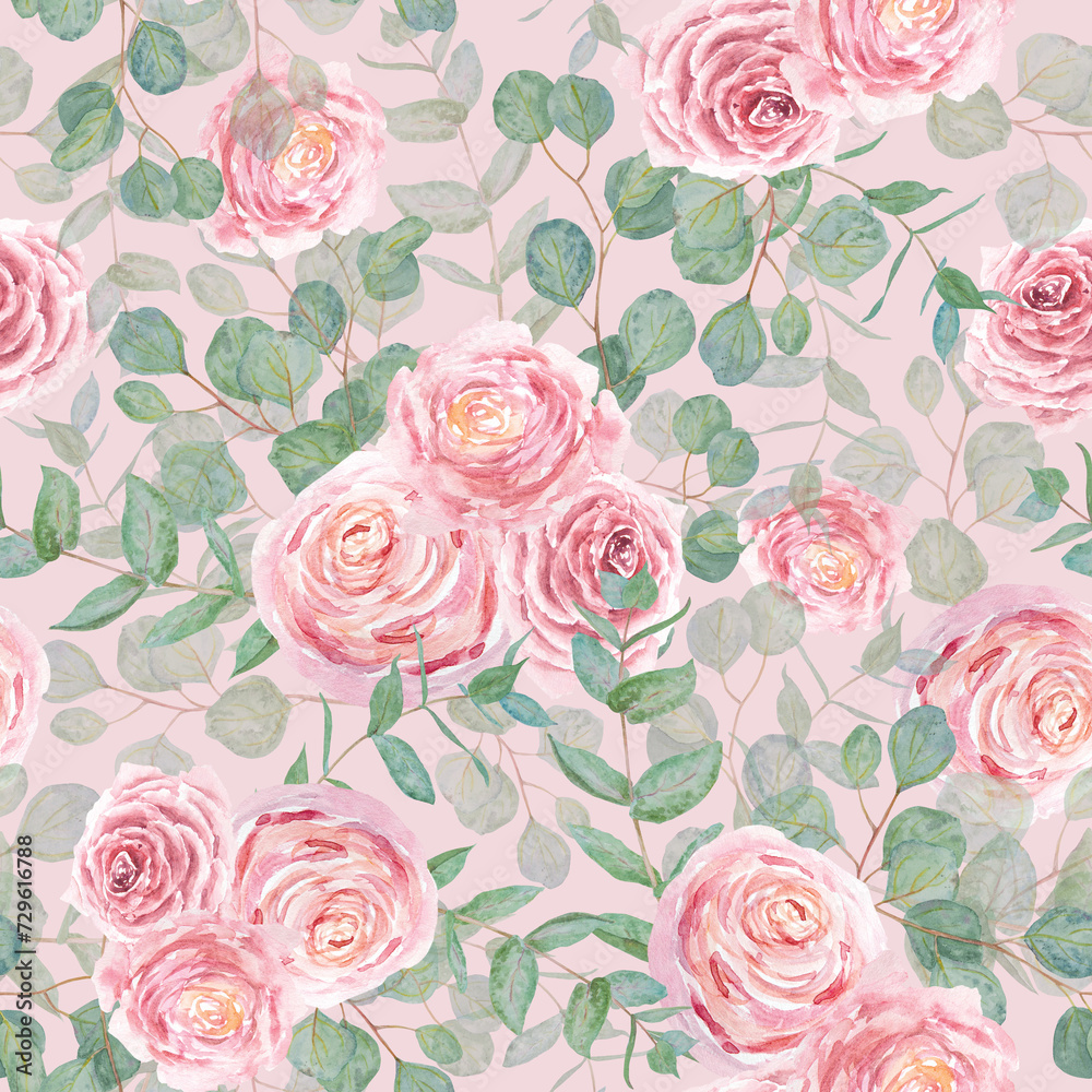 Eucalyptus and pink roses branch watercolor hand drawn floral seamless pattern. Botanical painting of greenery leaves, pink flowers. Element of wedding invitation, print, greeting, textile, packing