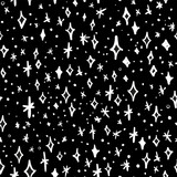 All over simple vector seamless repeat pattern with ditsy twinkling shining white stars on black background
