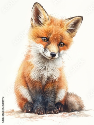 Colored pencil illustration featuring a lovable a fox, with a white background for isolation.