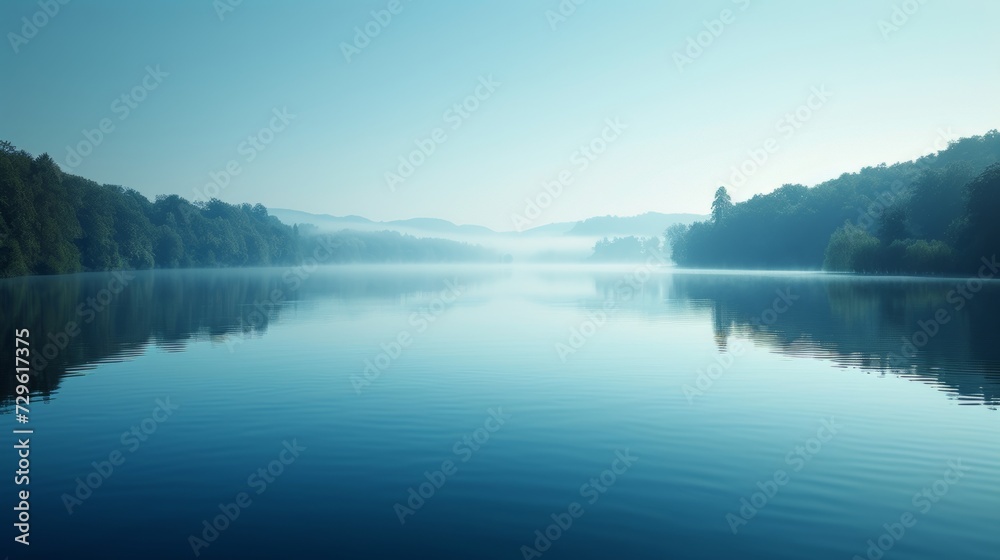 Calm waters in shades of blue mirror the serenity of a peaceful lakeside scene