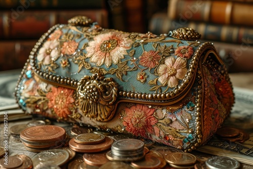 Antique luxury bag and scattered cash coins