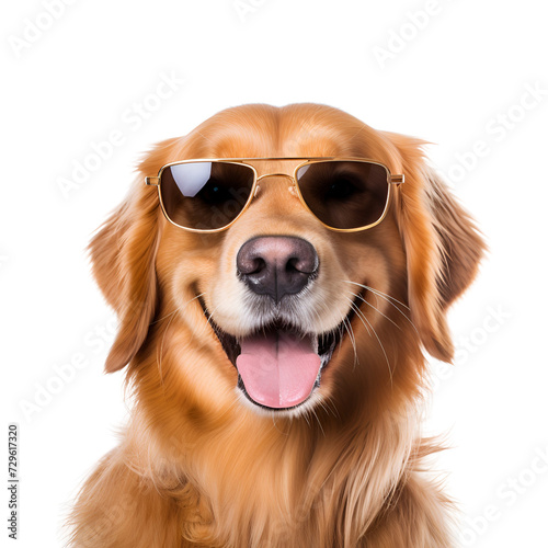Close up of a beautiful Golden Retriever, a happy dog with sunglasses, ready for the summer beach, Isolated on Transparent Background, PNG © Giu Studios