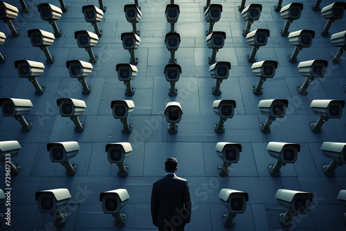 A man looking at a wall full of security cameras, police state, and surveillance concept
