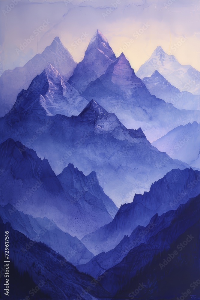 Majestic peaks in cool blues and purples convey the grandeur of towering mountain ranges
