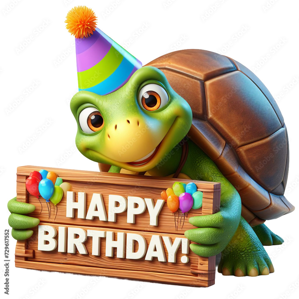 Cute Animal 3D Turtle Holding 'Happy Birthday' Board and Wearing Party ...