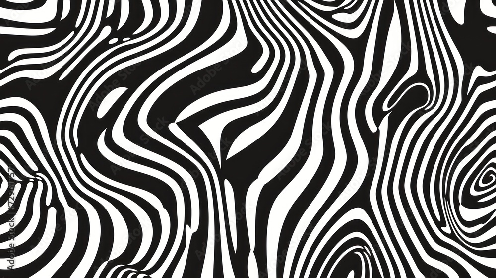 A black and white 2D contour showcases waves, swirls, and twisted patterns in a trendy retro psychedelic style, producing a twisted and distorted flat texture. This simple monochrome image represents A black and white 2D contour showcases waves, swirls, and twisted patterns in a trendy retro psychedelic style, producing a twisted and distorted flat texture. This simple monochrome image represents