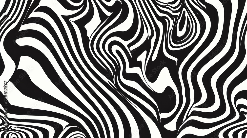 A black and white 2D contour showcases waves, swirls, and twisted patterns in a trendy retro psychedelic style, producing a twisted and distorted flat texture. This simple monochrome image represents A black and white 2D contour showcases waves, swirls, and twisted patterns in a trendy retro psychedelic style, producing a twisted and distorted flat texture. This simple monochrome image represents