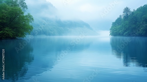 Calm waters in shades of blue mirror the serenity of a peaceful lakeside scene