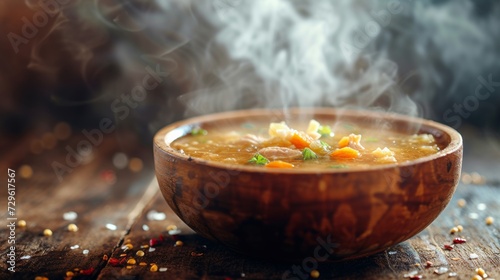 Steam rising from a hot bowl of soup, invoking comfort and warmth