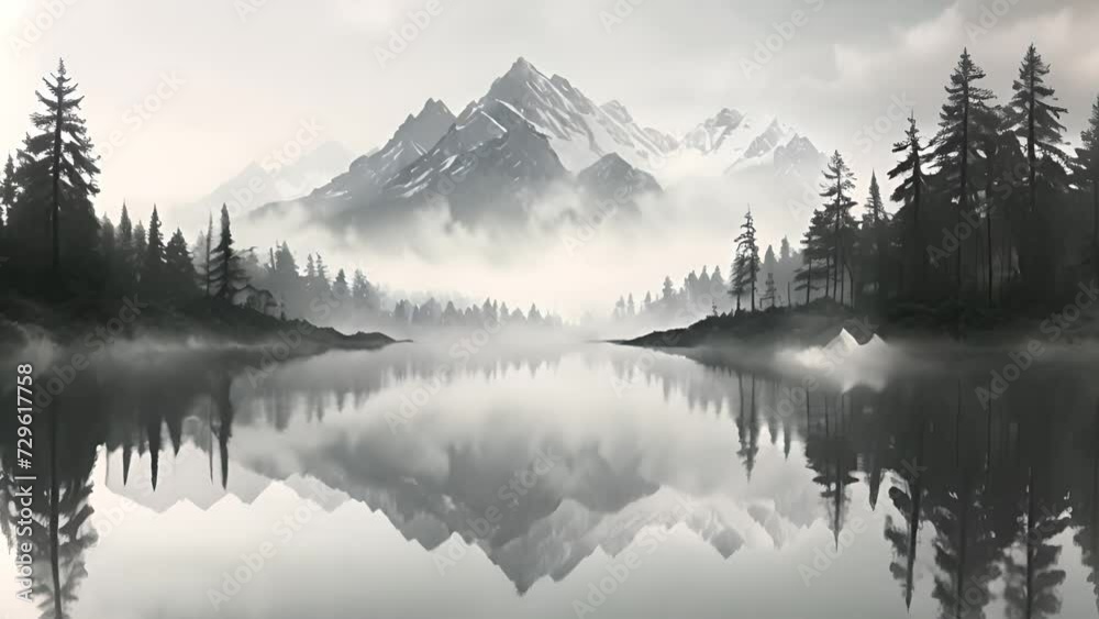 Tranquil meditative misty scenery of glacial lake with pointy fir tops reflection at early morning. Graphic EQ of spruce silhouettes on calm alpine lake horizon in mystery fog. Monochrome mountain 