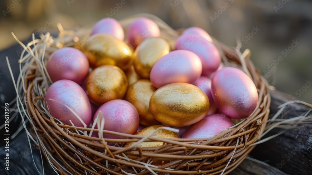  a basket of gold and pink eggs sitting on top of a wooden table next to another basket of gold and pink eggs on top of a wooden table next to a black chair.