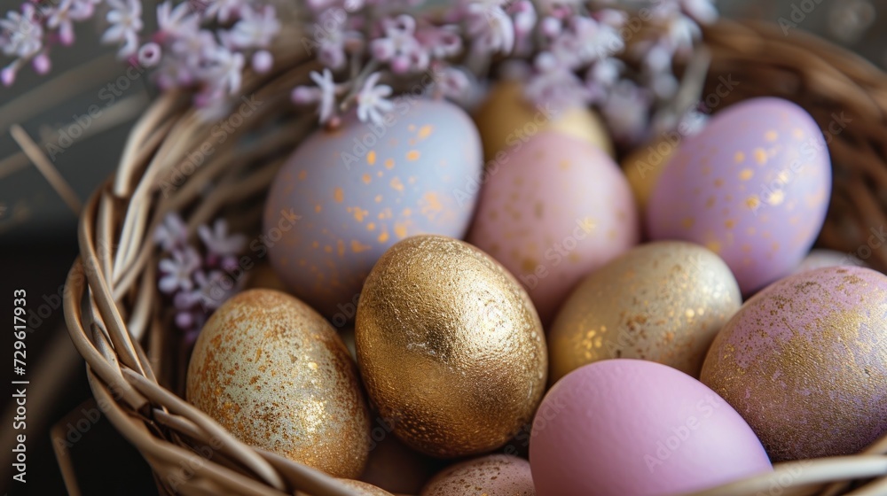  a basket filled with lots of gold and purple eggs next to a bunch of purple flowers on top of a purple table cloth next to a wicker basket filled with purple flowers.