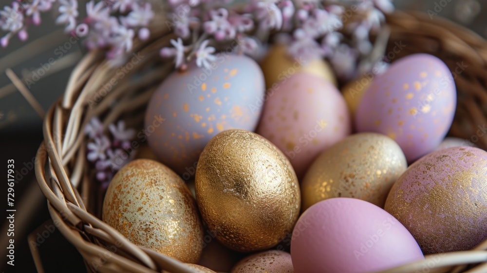 Obraz premium a basket filled with lots of gold and purple eggs next to a bunch of purple flowers on top of a purple table cloth next to a wicker basket filled with purple flowers.