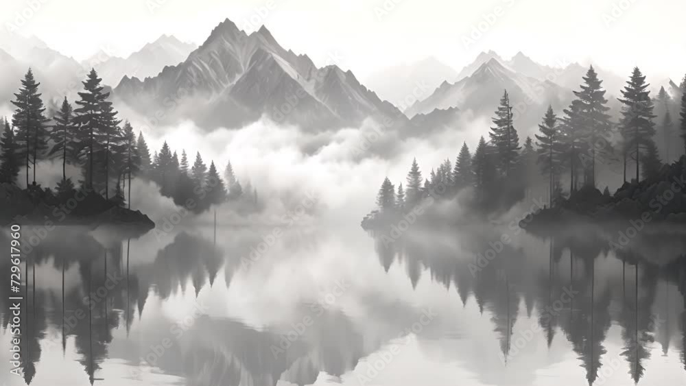 Tranquil meditative misty scenery of glacial lake with pointy fir tops reflection at early morning. Graphic EQ of spruce silhouettes on calm alpine lake horizon in mystery fog. Monochrome mountain 