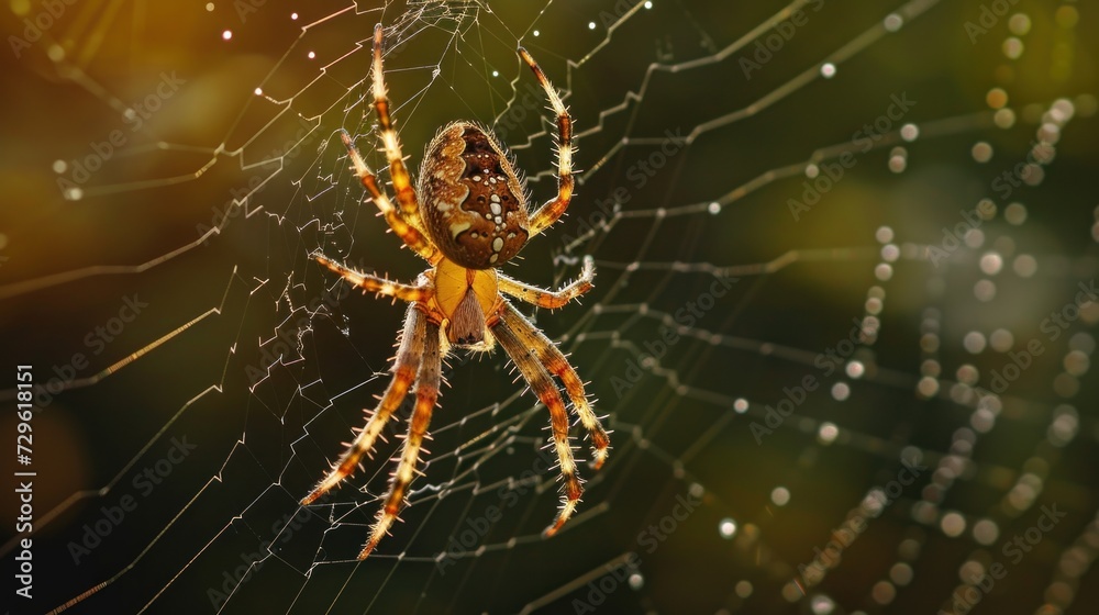 a close up of a spider on it's web with drops of dew on the spider's web, in front of a blurry background of trees. a close up of a spider on it's web with drops of dew on the spider's web, in front of a blurry background of trees.