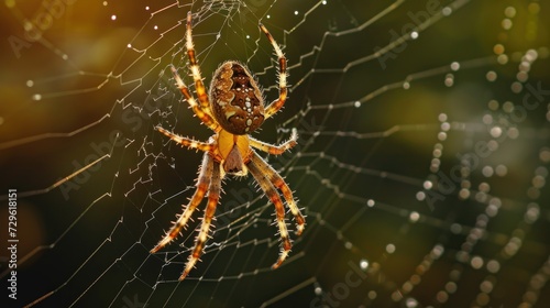  a close up of a spider on it's web with drops of dew on the spider's web, in front of a blurry background of trees.