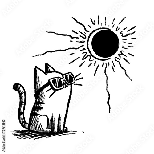 Cat looking at the sun with sunglasses, in the style of childish hand drawn drawing